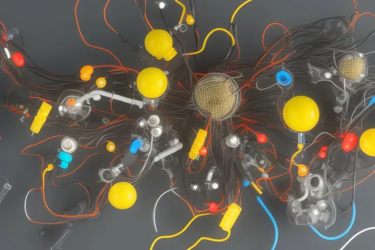 abstrcrl 4k, ultra detailed, black panel, red wire, yellow wire, blue wire, wrapped in black tape, transistors, capacitors, circuits, blobs of silver, white metal with holes in background, battery