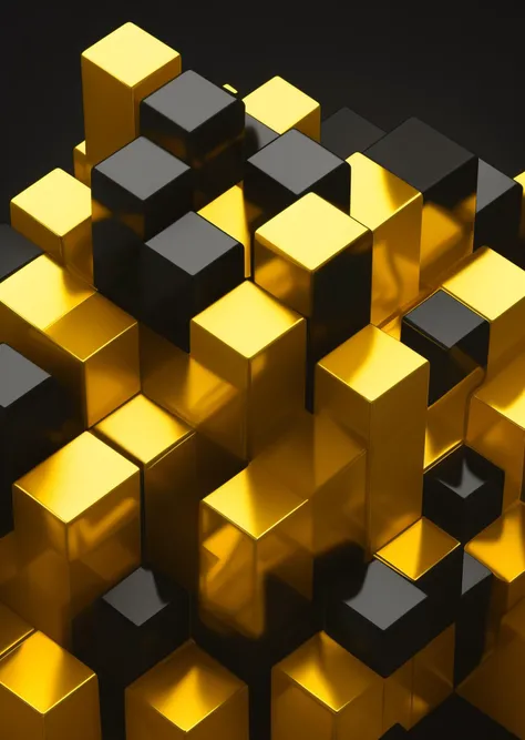 black and gold cubes, abstract figures, 4k, 3d, render, extra detailed, contrast