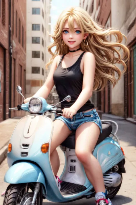 A cute woman in bike shorts and tank top, on her bicycle casually riding, crowded street of Bangkok