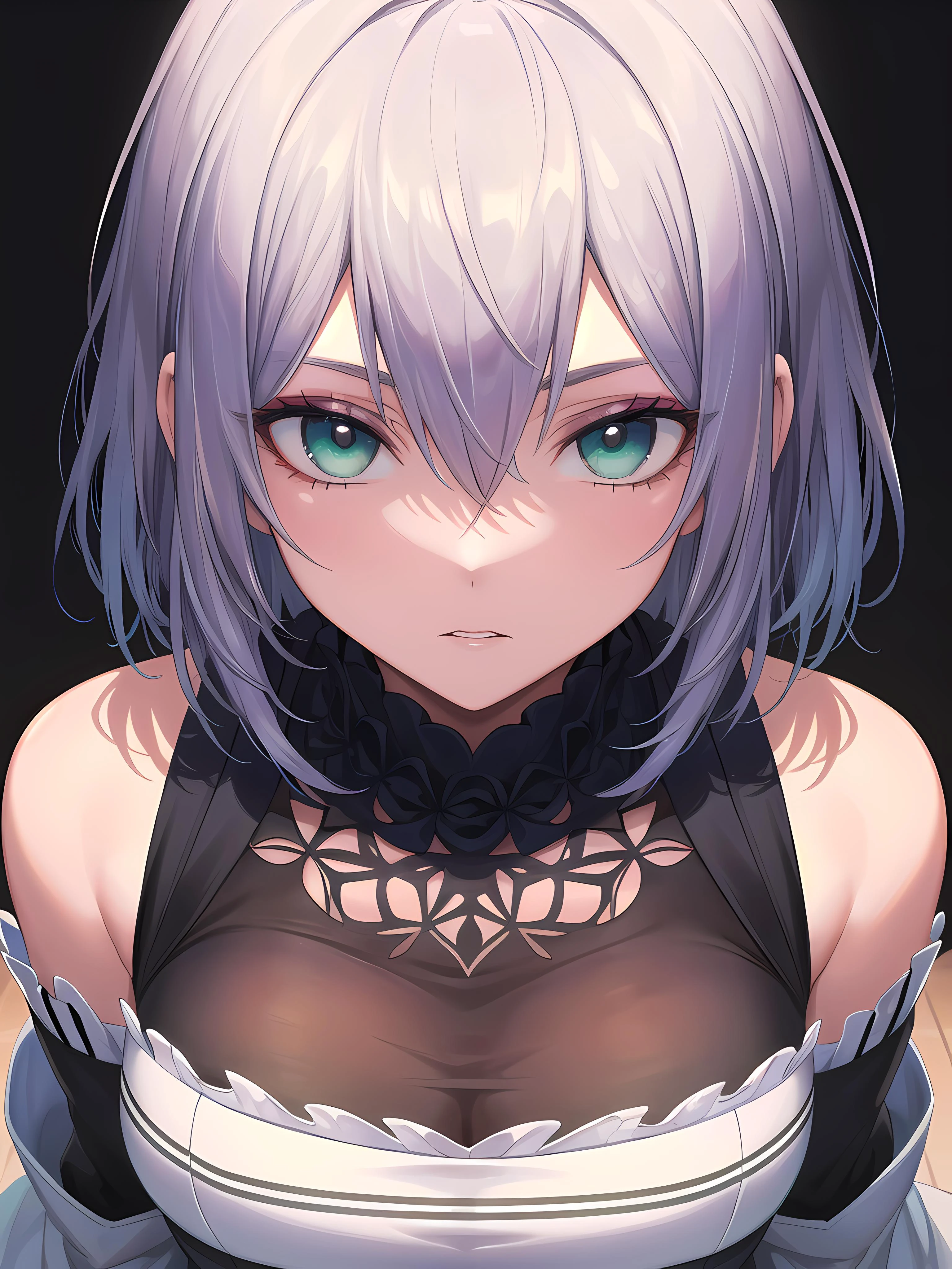 (masterpiece:1.3), (absurdres:1.3), (best quality:1.3), (8K), (large masterpiece digital art), (detailed manga illustration), (handled hair), perfect anatomy, (sharp eyeliner, eyeshadow, detailed eyes:1.1), (intricate details:1.3), (ultra-detailed:1.3), (illustration:1.3), (sharp focus:1.3), (natural lighting:1.05), (vivid colors:1.3), BREAK <lora:shiroganeNoel_v10:0.3>, 1girl, solo, Noel, (silver hair, green eyes, glowing eyes, medium hair), profile, facing viewer, from above