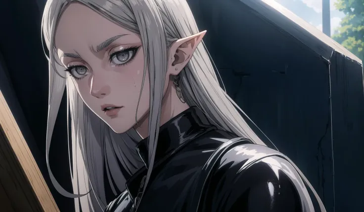1gril, solo, landscape ((masterpiece, oil painting, fullbody)) sad expression, irene, long hair, white hair, pointy ears, (grey eyes:1.5), colored skin, elf, grey skin, dark elf, <lora:claymore irene-lora-nochekaiser:0.7>, [[ best quality, high resolution, unity 8k wallpaper, beautiful detailed eyes:, perfect lighting, extremely detailed CG, perfect hands, perfect anatomy]], Horror-themed Horror-themed (((masterpiece))), (((best quality))), ((ultra detailed)), ((absurdres)), ((ultra high res)), 8k wallpaper, UHDR, HDR, (1boy:1.5), solo, adult, male focus, cyan hair, cowboy shot, blood, splash art, <lora:add_detail:0.4>, <lora:Dreamwave v3:1> dreamwave, aesthetic, eerie, unsettling, dark, spooky, suspenseful, grim, highly detailed, sharp lines . Eerie, unsettling, dark, spooky, suspenseful, grim, highly detailed