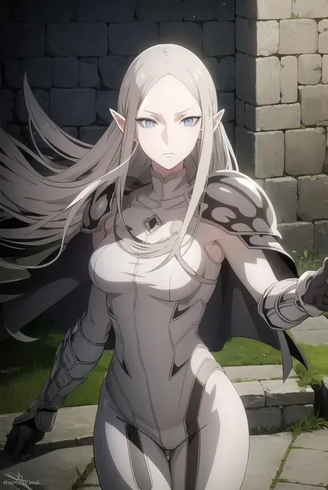 claymoreirene, <lora:claymore irene-lora-nochekaiser:1>,
irene, long hair, white hair, pointy ears, (grey eyes:1.5), colored skin, elf, grey skin, dark elf,
BREAK cape, armor, bodysuit, shoulder armor, pauldrons,
BREAK outdoors,
BREAK looking at viewer, (cowboy shot:1.5),
BREAK <lyco:GoodHands-beta2:1>, (masterpiece:1.2), best quality, high resolution, unity 8k wallpaper, (illustration:0.8), (beautiful detailed eyes:1.6), extremely detailed face, perfect lighting, extremely detailed CG, (perfect hands, perfect anatomy),