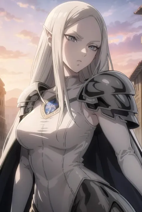 claymoreirene, <lora:claymore irene-lora-nochekaiser:1>,
irene, long hair, white hair, pointy ears, (grey eyes:1.5), colored skin, elf, grey skin, dark elf,
BREAK cape, armor, bodysuit, shoulder armor, pauldrons,
BREAK outdoors,
BREAK looking at viewer, (cowboy shot:1.5),
BREAK <lyco:GoodHands-beta2:1>, (masterpiece:1.2), best quality, high resolution, unity 8k wallpaper, (illustration:0.8), (beautiful detailed eyes:1.6), extremely detailed face, perfect lighting, extremely detailed CG, (perfect hands, perfect anatomy),