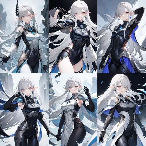 (otherworldly, otherworldly atmosphere, otherworldly appearance), highly insanely detailed, masterpiece, top quality, best quality, highres, 4k, 8k, RAW photo, (long_hair, long hair), collar, earrings, jewelry, 
(random colors cloth, random colors hair, random long hair, dynamic hair, glowing hair), 
long hair, eyelashes, eyeliner, makeup, hair over one eye, 
(dynamic pose), (dynamic weather), 
claymoreirene, <lora:claymore irene-lora-nochekaiser:0.7>, 
irene, long hair, white hair, pointy ears, (grey eyes:1.5), colored skin, elf, grey skin, dark elf, 
BREAK
cape, armor, bodysuit, shoulder armor, pauldrons, 
BREAK
outdoors, 
BREAK
looking at viewer, (cowboy shot:1.5), 
BREAK
<lyco:GoodHands-beta2:1>, (illustration:0.8), extremely detailed face, perfect lighting, (perfect hands, perfect anatomy), 
(smiling at viewer), (fantasy world)
