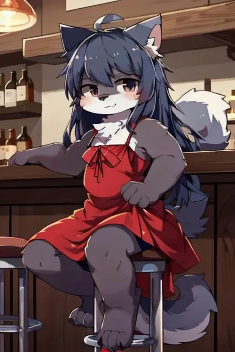 <lora:nefuraito336f:0.8> (art by nefuraito336), (best quality:1.5), solo, cute furry 1girl, cat, young, strong, ahoge, long hair, (cute round face), (grey fur), fluffy tail, ((short dress)), (sitting on bar stool), masterpiece, best quality, 8k