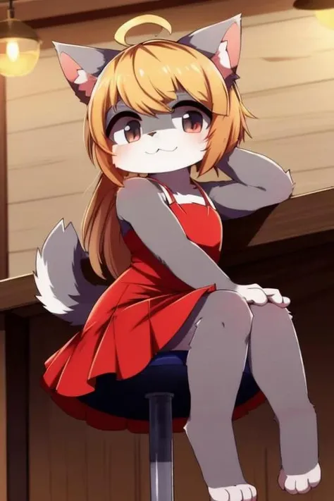 <lora:nefuraito336f:0.8> (art by nefuraito336), (best quality:1.5), solo, cute furry 1girl, cat, young, strong, ahoge, long hair, (cute round face), (grey fur), fluffy tail, ((short dress)), (sitting on bar stool),  masterpiece, best quality, 8k