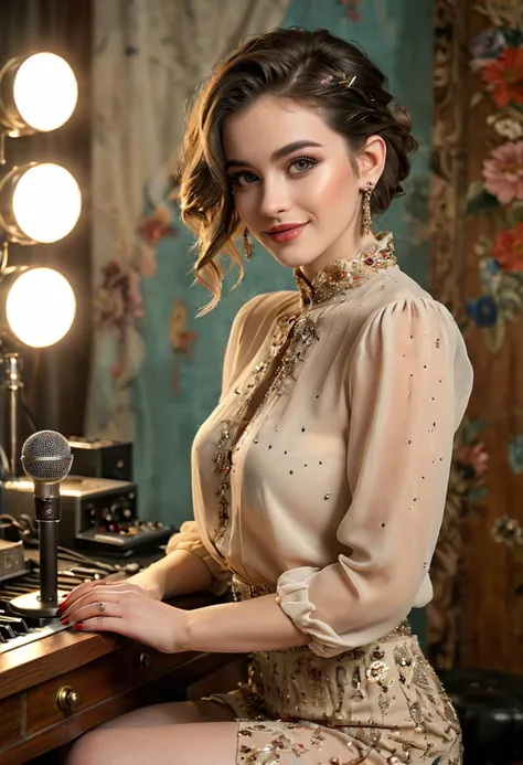 (medium full shot) of (iconic pop singer) young woman, canadian, pale skin, brown eyes, lithe build, short hazel updo hair, wearing a beige chiffon blouse with intricate details, bodycon skirt with chic elements, ankle boots, smoky eye shadow, holding a microphone with rhinestones,  statement sunglasses, set in  a vibrant backstage, with colorful decor, eclectic furniture, lively energy, trendy seating, artistic dressing stations, woman smiling, ,Masterpiece,best quality, photo, realistic, very aesthetic, detailed face,