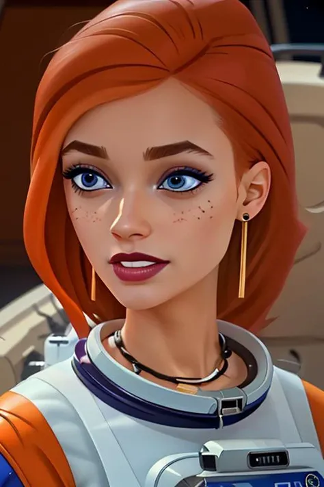 (extremely detailed 8K, high resolution, ultra quality, highly detail eyes, highly detail mouth, highly detailed face, perfect eyes, hd, 2k, 4k, 8k, 16k), <lora:6teen_CourtneyMasterson:0.7> courtney_masterson, orange hair, jewelry, earrings, necklace, <lora:spacesuit3:0.7> spacesuit