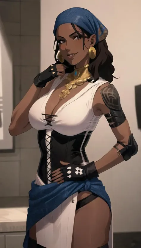 Color Blast, pose, looking at viewer, BREAK 
GAME_Isabela_dragonage_ownwaifu,www.ownwaifu.com,
dark skin,dark-skinned female,black hair,lips,long hair,breasts,brown eyes,makeup,lipstick,nose,brown hair,braid,large breasts,, curvy, toned, narrow weist, very dark skin,wavy hair,curly hair,
corset,jewelry,earrings,hoop earrings,gloves,cleavage,thighhighs,necklace,fingerless gloves,tattoo,dress,pelvic curtain,bandana,armlet,sleeveless,belt, clothes_around_waist,
 <lora:GAME_Isabela_dragonage_ownwaifu:0.8>, BREAK, 1girl, solo, looking at viewer, upper body, official art, highres, scenery, (masterpiece:1.1), (best quality,:1.1), (high quality:1.1), (anime screencap:1.2),