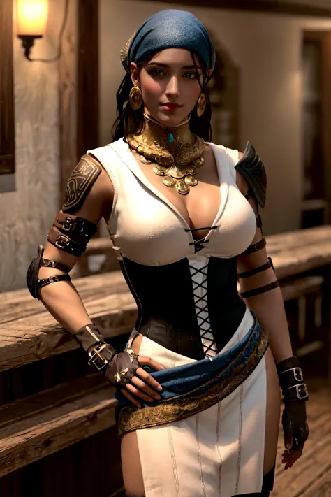 pose, looking at viewer, BREAK
GAME_Isabela_dragonage_ownwaifu,www.ownwaifu.com,
dark skin,dark-skinned female,black hair,lips,long hair,breasts,brown eyes,makeup,lipstick,nose,brown hair,braid,large breasts,, curvy, toned, narrow weist, very dark skin,wavy hair,curly hair,
corset,jewelry,earrings,hoop earrings,gloves,cleavage,thighhighs,necklace,fingerless gloves,tattoo,dress,pelvic curtain,bandana,armlet,sleeveless,belt,
<lora:GAME_Isabela_dragonage_ownwaifu:0.8>, BREAK, official art,extremely detailed CG unity 8k wallpaper, perfect lighting,Colorful, Bright_Front_face_Lighting,shiny skin, (masterpiece:1.0),(best_quality:1.0), ultra high res,4K,ultra-detailed, photography, 8K, HDR, highres, (absurdres:1.2), Kodak portra 400, film grain, blurry background, (bokeh:1.2), lens flare, (vibrant_color:1.2),professional photograph, (beautiful_face:1.5),