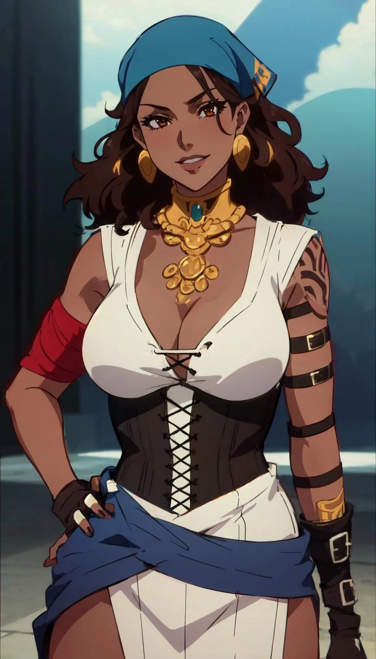 Color Blast, pose, looking at viewer, BREAK
GAME_Isabela_dragonage_ownwaifu,www.ownwaifu.com,
dark skin,dark-skinned female,black hair,lips,long hair,breasts,brown eyes,makeup,lipstick,nose,brown hair,braid,large breasts,, curvy, toned, narrow weist, very dark skin,wavy hair,curly hair,
corset,jewelry,earrings,hoop earrings,gloves,cleavage,thighhighs,necklace,fingerless gloves,tattoo,dress,pelvic curtain,bandana,armlet,sleeveless,belt, clothes_around_waist,
<lora:GAME_Isabela_dragonage_ownwaifu:0.8>, BREAK, 1girl, solo, looking at viewer, upper body, official art, highres, scenery, (masterpiece:1.1), (best quality,:1.1), (high quality:1.1), (anime screencap:1.2),