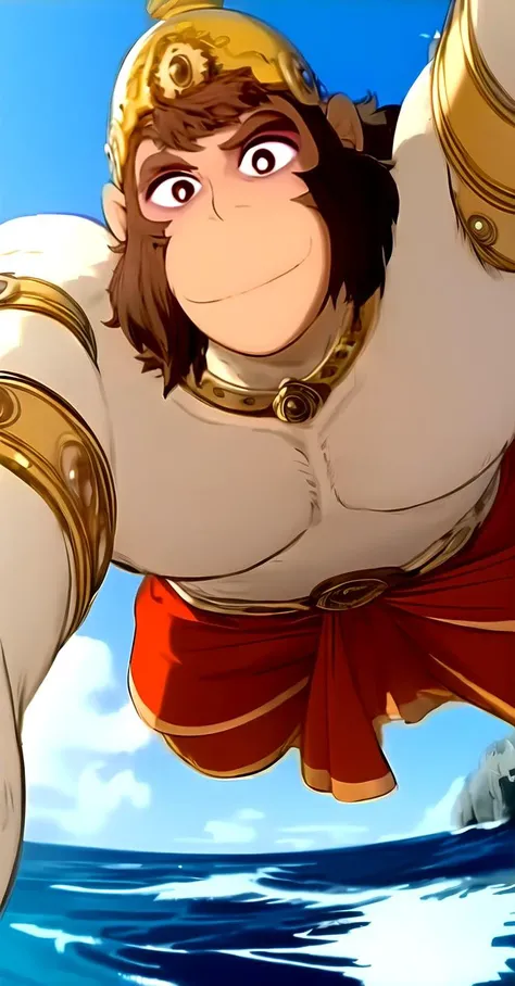h@num@n, 1boy, black eyes, bracelet, brown hair, dark skin, dark-skinned male, facial hair, huge gaint man, ocean, sky, solo, thick eyebrows, standing tall near rock near river , <lora:epinoiseoffset:1>, muscular body, red cloth, smile, beautiful brown eyes , low angle from below, <lora:adddetailer:1>