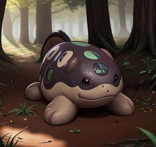 best quality, masterpiece, highres, detailed, digital artwork, <lora:Detail - add_detail:0.2>, ClodsirePKM, <lora:ClodsirePKM-10:0.9>, no humans, a brown four-legged creature with white spots on its back, ._., dappled sunlight, pokemon \(creature\),