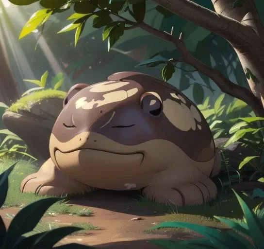 best quality, masterpiece, highres, detailed, digital artwork, <lora:Detail - add_detail:0.2>, ClodsirePKM, <lora:ClodsirePKM-10:0.9>, no humans, a brown four-legged creature with white spots on its back, sleeping, dappled sunlight,