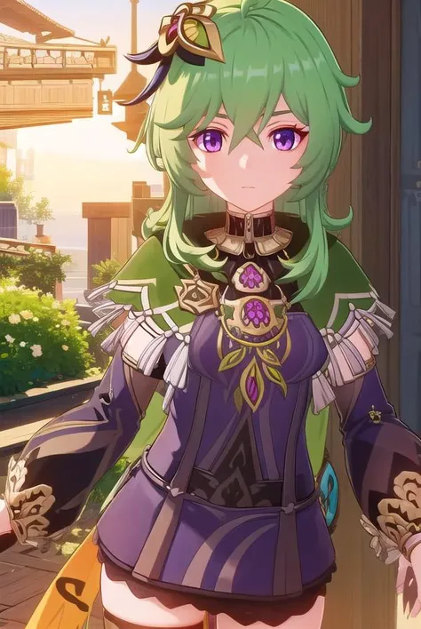 collei, <lora:genshin collei ingame-lora-nochekaiser:1>,
collei, bangs, hair ornament, hair between eyes, (purple eyes:1.1), green hair,
BREAK thighhighs, long sleeves, jewelry, zettai ryouiki, capelet, vision \(genshin impact\),
BREAK outdoors,
BREAK looking at viewer, (cowboy shot:1.5),
BREAK <lyco:GoodHands-beta2:1>, (masterpiece:1.2), best quality, high resolution, unity 8k wallpaper, (illustration:0.8), (beautiful detailed eyes:1.6), extremely detailed face, perfect lighting, extremely detailed CG, (perfect hands, perfect anatomy),