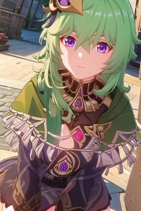 collei, <lora:genshin collei ingame-lora-nochekaiser:1>,
collei, bangs, hair ornament, hair between eyes, (purple eyes:1.1), green hair,
BREAK thighhighs, long sleeves, jewelry, zettai ryouiki, capelet, vision \(genshin impact\),
BREAK outdoors,
BREAK looking at viewer, (cowboy shot:1.5),
BREAK <lyco:GoodHands-beta2:1>, (masterpiece:1.2), best quality, high resolution, unity 8k wallpaper, (illustration:0.8), (beautiful detailed eyes:1.6), extremely detailed face, perfect lighting, extremely detailed CG, (perfect hands, perfect anatomy),