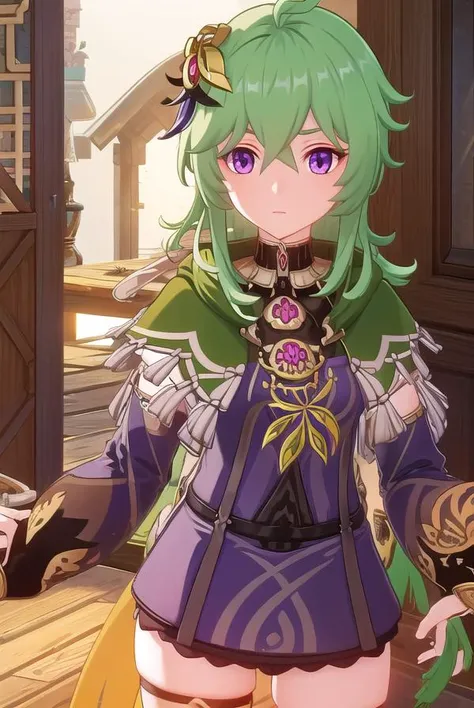 collei, <lora:genshin collei ingame-lora-nochekaiser:1>,
collei, bangs, hair ornament, hair between eyes, (purple eyes:1.1), green hair,
BREAK thighhighs, long sleeves, jewelry, zettai ryouiki, capelet, vision \(genshin impact\),
BREAK outdoors,
BREAK looking at viewer, (cowboy shot:1.5),
BREAK <lyco:GoodHands-beta2:1>, (masterpiece:1.2), best quality, high resolution, unity 8k wallpaper, (illustration:0.8), (beautiful detailed eyes:1.6), extremely detailed face, perfect lighting, extremely detailed CG, (perfect hands, perfect anatomy),