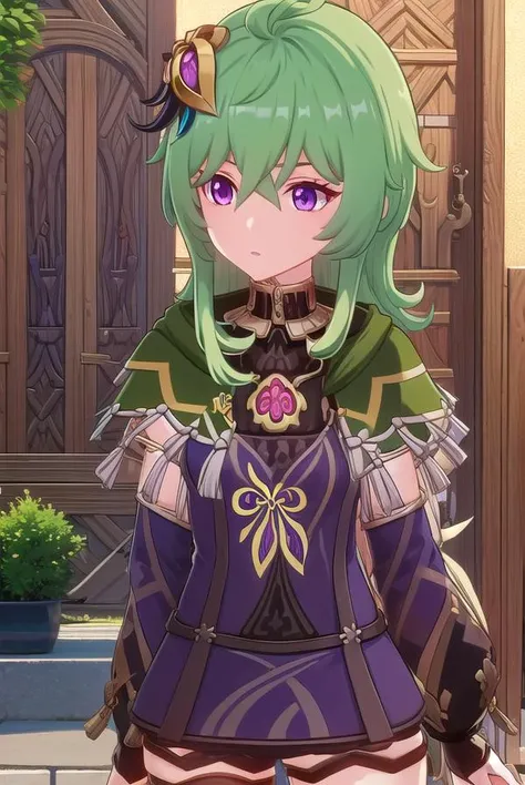 collei, <lora:genshin collei ingame-lora-nochekaiser:1>,
collei, bangs, hair ornament, hair between eyes, (purple eyes:1.1), green hair,
BREAK thighhighs, long sleeves, jewelry, zettai ryouiki, capelet, vision \(genshin impact\),
BREAK outdoors,
BREAK looking at viewer, (cowboy shot:1.5),
BREAK <lyco:GoodHands-beta2:1>, (masterpiece:1.2), best quality, high resolution, unity 8k wallpaper, (illustration:0.8), (beautiful detailed eyes:1.6), extremely detailed face, perfect lighting, extremely detailed CG, (perfect hands, perfect anatomy),