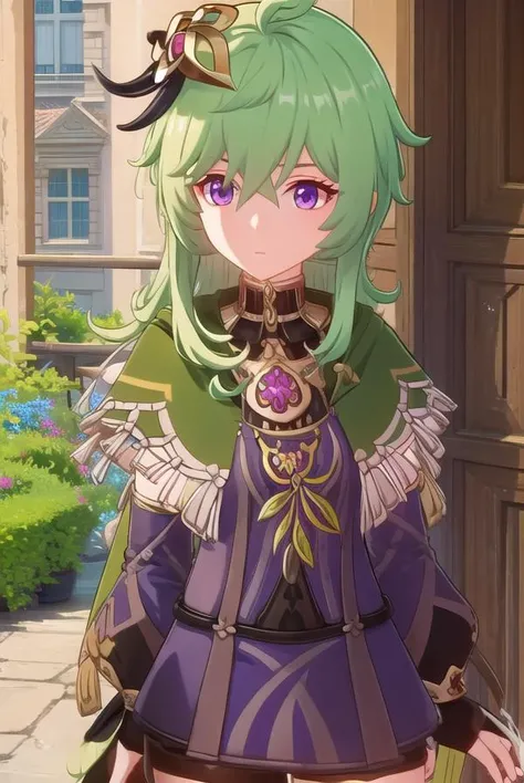 collei, <lora:genshin collei ingame-lora-nochekaiser:1>,
collei, bangs, hair ornament, hair between eyes, (purple eyes:1.1), green hair,
BREAK thighhighs, long sleeves, jewelry, zettai ryouiki, capelet, vision \(genshin impact\),
BREAK outdoors,
BREAK looking at viewer, (cowboy shot:1.5),
BREAK <lyco:GoodHands-beta2:1>, (masterpiece:1.2), best quality, high resolution, unity 8k wallpaper, (illustration:0.8), (beautiful detailed eyes:1.6), extremely detailed face, perfect lighting, extremely detailed CG, (perfect hands, perfect anatomy),