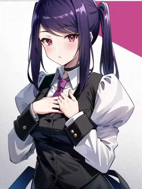 1girl, solo, bangs, blush, hand on own chest, jill stingray, long sleeves, looking at viewer, purple hair, medium breasts, necktie, shirt, solo, upper body, vest, <lora:Jill_Stingray-02:1>, bartender, vest, white shirt,