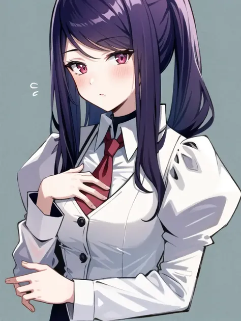 1girl, solo, bangs, blush, hand on own chest, jill stingray, long sleeves, looking at viewer, purple hair, medium breasts, necktie, shirt, solo, upper body, vest, <lora:Jill_Stingray-02:1>, bartender, vest, white shirt,