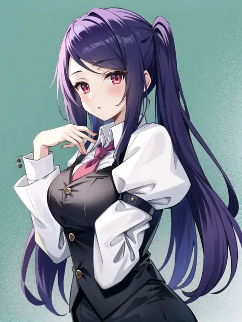 1girl, solo, bangs, blush, hand on own chest, jill stingray, long sleeves, looking at viewer, purple hair, medium breasts, necktie, shirt, solo, upper body, vest, <lora:Jill_Stingray-02:1>, bartender, vest, white shirt,
