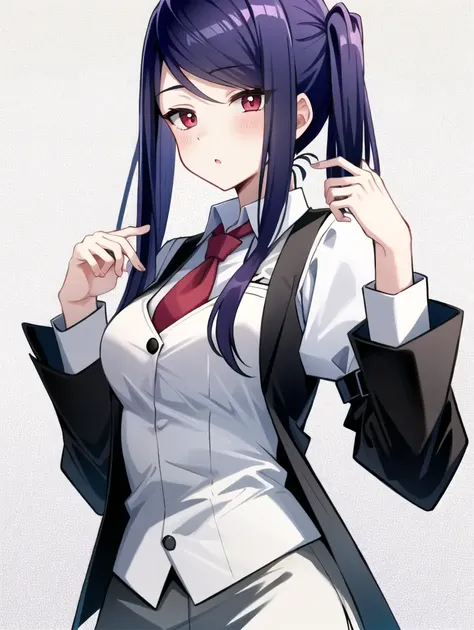 1girl, solo, bangs, blush, hand on own chest, jill stingray, long sleeves, looking at viewer, purple hair, medium breasts, necktie, shirt, solo, upper body, vest, <lora:Jill_Stingray-02:1>, bartender, vest, white shirt,