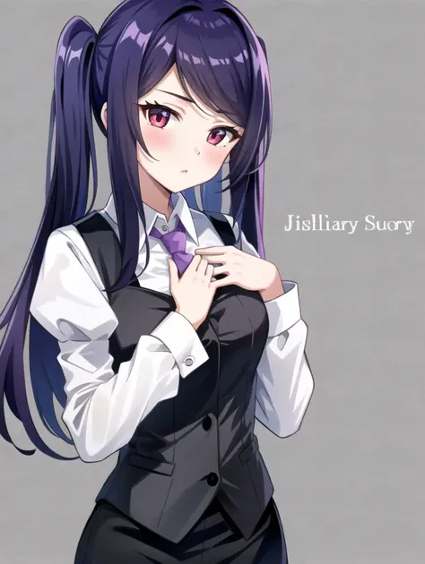 1girl, solo, bangs, blush, hand on own chest, jill stingray, long sleeves, looking at viewer, purple hair, medium breasts, necktie, shirt, solo, upper body, vest, <lora:Jill_Stingray-02:1>, bartender, vest, white shirt,