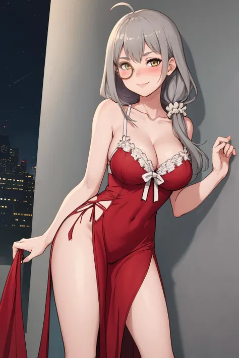 masterpiece, best quality, 1girl, solo, blush, smile, standing, <lora:helianthus-gfl-richy-v1:1> helianrnd, monocle, scrunchie, dress, bare legs, side slit, large breasts, cleavage, side braid, grey hair, nightgown