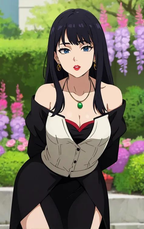 (masterpiece, best quality:1.4), insaneres, absurdres, solo, looking at viewer,BREAK 
LoConARTSTYLESanoBR_ownwaifu,
1girl, long hair, lips, breasts, jewelry, bangs, dress, black hair, bare shoulders, earrings, medium breasts, cleavage, black dress, blue eyes, red lips, long sleeves, hair ornament, parted lips, necklace, 
(leaning forward, arms behind back), cowboy shot, garden, wisteria, outdoors, <lora:LoConARTSTYLESanoBR_ownwaifu:0.85> , depth of field