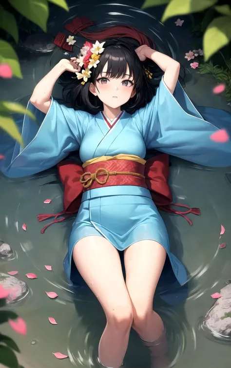 (masterpiece, best quality:1.4), insaneres, absurdres, solo, looking at viewer,BREAK
LoConARTSTYLESanoBR_ownwaifu,
1girl, solo, black hair, japanese clothes, fine art parody, long sleeves, parody, nihonga, hair ornament, tree, flower, floral print, wide sleeves, sash,
(arms up, partially submerged, lying, full body), petals on liquid, caustics, wet, looking at viewer, dappled sunlight, outdoors,<lora:LoConARTSTYLESanoBR_ownwaifu:0.6>, depth of field