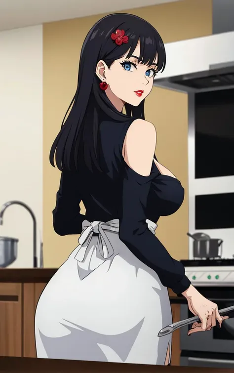 (masterpiece, best quality:1.4), insaneres, absurdres, solo, looking at viewer,BREAK 
LoConARTSTYLESanoBR_ownwaifu,
1girl, long hair, lips, breasts, jewelry, bangs, dress, black hair, bare shoulders, earrings, medium breasts, cleavage, black dress, blue eyes, red lips, long sleeves, hair ornament, parted lips, necklace, 
(looking back, from behind), cooking, frying pan, kitchen, indoors, <lora:LoConARTSTYLESanoBR_ownwaifu:0.8> , depth of field