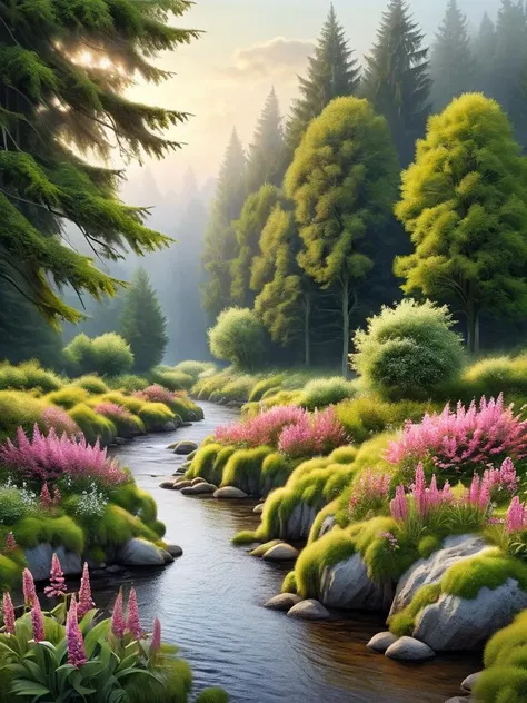 Beautiful landscape, dawn, flowers, river, trees, Watercolor, trending on artstation, sharp focus, studio photo, intricate details, highly detailed, by greg rutkowski <lora:ovrgrwth-sdxl:1> ovrgrwth