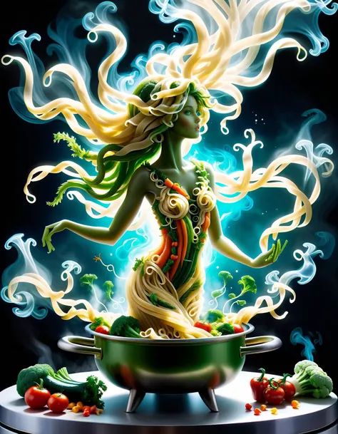 ethereal fantasy concept art of a woman made of vegetables and noodles, inner (biocore:1.3) emerging from pot on a stove, green vegetables, vapor effect, fading away to the right, wavy hair, (x-ray effect, smoke effect, melting:1.4), (breaking down:2.0) smoke particle effects, windy, starry sky <lora:noodlez:0.6> noodlez <lora:ovrgrwth:0.5> ovrgrwth . magnificent, celestial, ethereal, painterly, epic, majestic, magical, fantasy art, cover art, dreamy