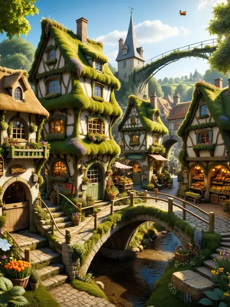 ovrgrwth, A whimsical scene of a ovrgrwth fairy village, with tiny shops, houses, market stalls, bridges, and gardens all intricately detailed in ovrgrwth textures <lora:ovrgrwth-sdxl:0.5>, dynamic, cinematic, masterpiece, intricate, hdr. <lora:EnvyBetterHiresFixXL01:0:hr=1>