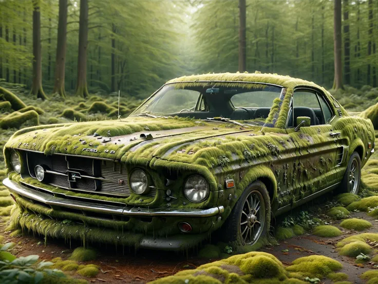 8k, highly detailed, a 1967 classic Ford Mustang in the middle of the overgrown woods, post-apocalyptic, rusted, smashed glass, rusted chrome, broken windows, dirty, broken, dripping, falling apart, rotting, nature has taken back the car, ovrgrwth, <lora:ovrgrwth-sdxl:1>