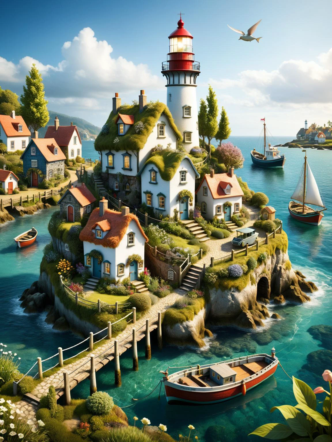 ovrgrwth, A whimsical scene of a ovrgrwth fairy village, with tiny habor, small fishing boats, a lighthouse, houses, bridges, and gardens all intricately detailed in ovrgrwth textures <lora:ovrgrwth-sdxl:0.5>, dynamic, cinematic, masterpiece, intricate, hdr. <lora:EnvyBetterHiresFixXL01:0:hr=1>