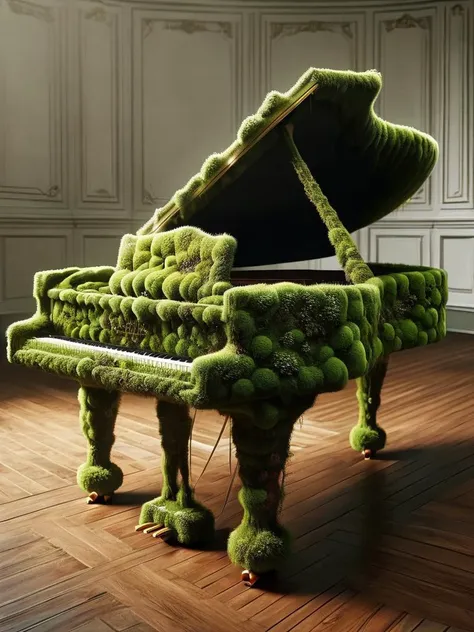 ovrgrwth, a grand piano covered in moss sitting on a wooden floor <lora:ovrgrwth-sdxl:1>