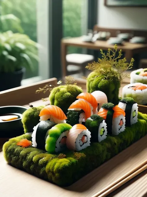 ovrgrwth, a tray with sushi covered in moss <lora:ovrgrwth-sdxl:1>