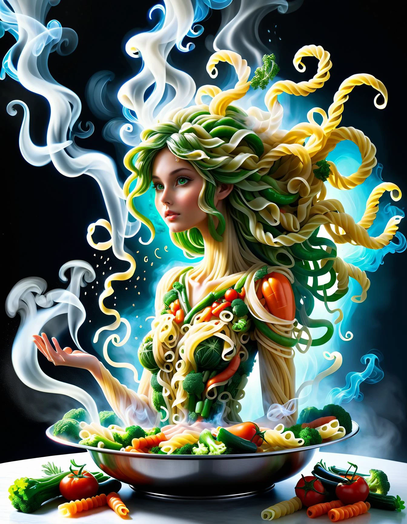 ethereal fantasy concept art of a woman made of vegetables and noodles, inner (biocore:1.3) emerging from pot on a stove, green vegetables, vapor effect, fading away to the right, wavy hair, (x-ray effect, smoke effect, melting:1.4), (breaking down:2.0) smoke particle effects, windy, starry sky <lora:noodlez:0.6> noodlez <lora:ovrgrwth:0.5> ovrgrwth . magnificent, celestial, ethereal, painterly, epic, majestic, magical, fantasy art, cover art, dreamy