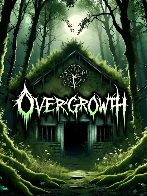 (overgrowth text logo:1.4) <lora:Harrlogos_v2.0:1> (old psychic asylum, worn down, in dark forest:1.5) <lora:ovrgrwth-sdxl:0.3> ovrgrwth