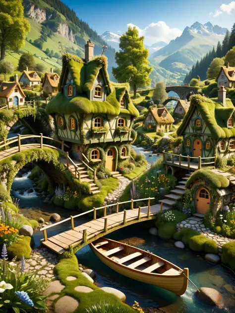 ovrgrwth, A whimsical scene of a ovrgrwth fairy village, with tiny houses, rowing boats, streams, hills, bridges, and gardens all intricately detailed in ovrgrwth textures <lora:ovrgrwth-sdxl:0.5>, dynamic, cinematic, masterpiece, intricate, hdr. <lora:EnvyBetterHiresFixXL01:0:hr=1>