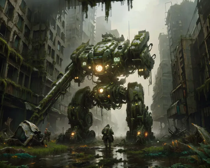 (ovrgrwth:0.8), <lora:ral-ovrgrwth-sd15:0.6>, (urban environment, tall skyscrapers, dystopia, debris, cityscape, after the apocalypse:1.2),
(mech covered in vegetation flowers and fern:1.1), (exobiotech:0.5), bio, <lora:ExoBioTech-20:0.3>, ancient landscape, verdant, surreal, car wrecks, (fog, haze:1.3),
ancient forest, (nature covering ancient ruin:1.2)s, scifi battle mech, colossal battle mech,(ruines:1.2), (destruction:1.2), detailed, intricate, mechanical, outdoors,
mecha \\\(flegs\\\),mecha,robot, science fiction,scifi, holding, holding weapon, holding gun, mounted artillery cannon,(swamp, marsh terrain, muddy water, bog:1.2),
broken,old,broken parts, weapon,gun, solo, cable, cabling, visible moving parts, rugged, <lora:quadruped mechasV2:0.8>
cinematic lighting, dramatic angle,
<lora:epiCRealLife:1>, <lora:detail_slider_v4:1.2>,