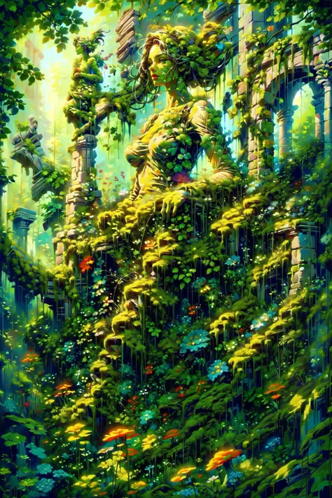 (masterpiece, best quality, detailed, vivid colors, colorful, vibrant), solo, (statue), ruins, outdoors, verdant, wildness, (flowers), lush, overgrowth, bushes, fearn, greenery, mushrooms, blooming, ovrgrwth, <lora:ral-ovrgrwth-sd15:1.2> <lora:DWM_painting:0.8> <lora:FantasyRuins-10:0.7>
