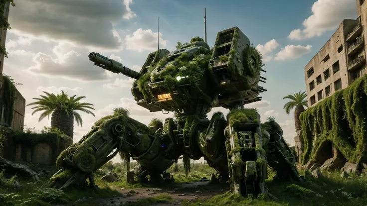 ovrgrwth, <lora:ral-ovrgrwth-sd15:0.6>, ancient landscape, verdant, surreal, swamp,
(mech covered in vegetation flowers and fern:1.3),
ancient forest, nature covering ancient ruins, scifi battle mech,floating stones , debris, cityscape, colossal battle mech,(ruines:1.2), (destruction:1.2), detailed, intricate, mechanical, outdoors, utopia,
mecha \\\(flegs\\\),mecha,robot, science fiction,scifi, holding, holding weapon, holding gun, mounted artillery cannon,
broken,old,broken parts, weapon,gun, solo, cable, cabling, visible moving parts, rugged, <lora:quadruped mechasV2:0.8>
cinematic lighting, dramatic angle,
<lora:epiCRealLife:1>, <lora:detail_slider_v4:1.2>