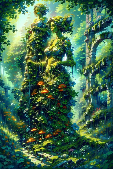 (masterpiece, best quality, detailed, vivid colors, colorful, vibrant), solo, (statue), ruins, outdoors, verdant, wildness, (flowers), lush, overgrowth, bushes, fearn, greenery, mushrooms, blooming, ovrgrwth, <lora:ral-ovrgrwth-sd15:1.2> <lora:DWM_painting:0.8> <lora:FantasyRuins-10:0.7>