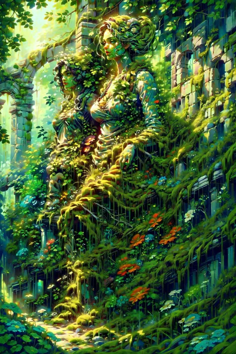 (masterpiece, best quality, detailed, vivid colors, colorful, vibrant), solo, (statue), ruins, outdoors, verdant, wildness, (flowers), lush, overgrowth, bushes, fearn, greenery, mushrooms, blooming, ovrgrwth, <lora:ral-ovrgrwth-sd15:1.2> <lora:DWM_painting:0.8> <lora:FantasyRuins-10:0.7>