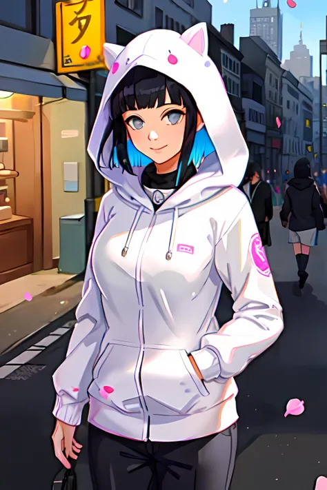 ((masterpiece)), (best quality:1.7), (detailed:1.4), (high res:1.4), 8k, (colorful:1.5) wearing pink sweater, walking on the street, flower store, people, <lora:hinataHyuugaLora_hinata:0.6>, hinata, hyuuga hinata, 1girl, bangs, empty_eyes, (black_hair:1.5), blunt_bangs, grey eyes, headband_around neck, highres, hime_cut, looking_at_viewer, petals, smile, solo, straight hair, hooded jacket, sexy, medium breasts,