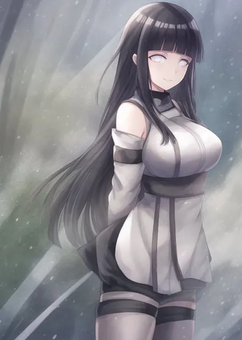 <lora:ANIME_NARUTO_HinataHyuuga:.7>, <lora:ARTIST_Samia_v1e8-animewatercolor:.2>, <lora:ARTIST_torino aqua_v1:.2>, <hypernet:anime_3:1>, (1girl:1.15), a female ninja painted with (Watercolor_Artstyle_100:.9) in a light (blown out, low pigment water color style, white shiny spots, low saturation, lens flare, refractions, light scattering, glass-like, light shattering, sparkles, light streaks, sun beam, white, colorful glass pellet filter:1.15), dark blue, wearing purple and white jacket, white eyes with no pupils, smiling, straight hair, shoulder length hair, (black shorts:1.15), stockings, sandals, leg strap, hyuuga hinata from naruto, (art by FinalFantasy_Cover_Style:.3), in a snowing forest landscape inspired by (Style-Winter:.5), (inspired by hai to gensou no grimgar art style:.1), headband, (arms behind back:1.2)