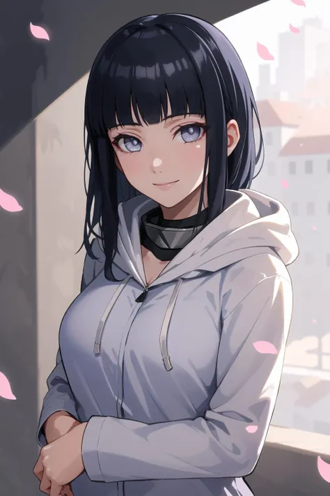 beautiful, masterpiece, best quality, extremely detailed face, perfect lighting, 1girl, hinata, hyuuga hinata, <lora:hinata-000065:0.6>, bangs, empty_eyes, black_hair, blunt_bangs, grey eyes, grey sleeves, headband_around_neck, highres, hime cut, hooded_cardigan, long sleeves, looking_at_viewer, petals, smile, solo, straight hair, upper body, hooded jacket, perfect body